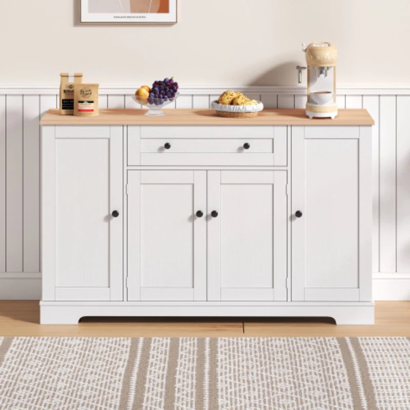 Multifunktionales Küchenbuffet, mit Schublade und Regaltüren, Modernes Design, 138 x 40 x 85 cm, Weiß+Naturfarbe