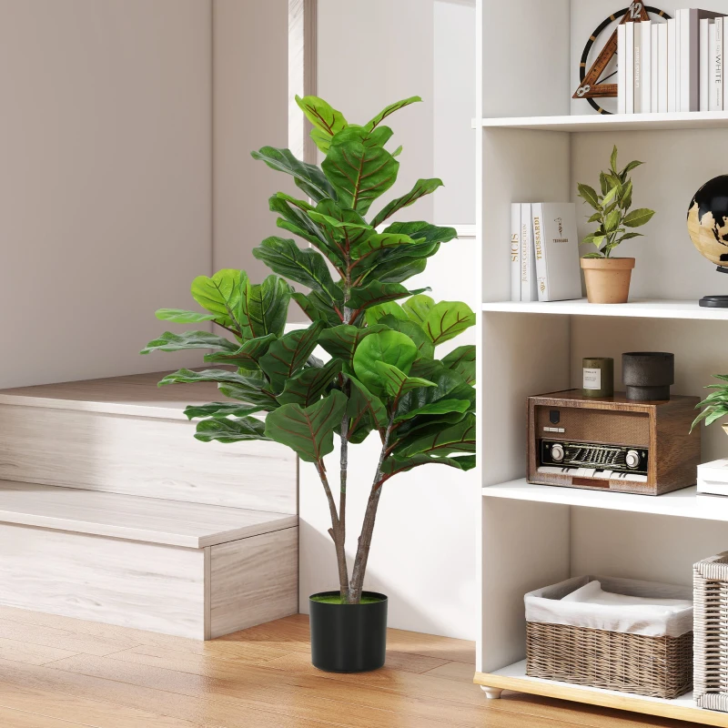 HOMCOM Decorative Artificial Plant, 110cm Faux Fiddle-Leaf Fig with Plastic Pot and Flocking, Indoor Fake Plant for Home or Office Decor, Green