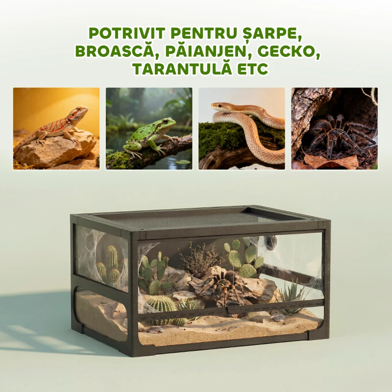 PawHut Terariu Ridicat și Pliabil cu Capac și Pereți din Sticlă Securizată și Plastic, 60x45x32 cm, Negru
