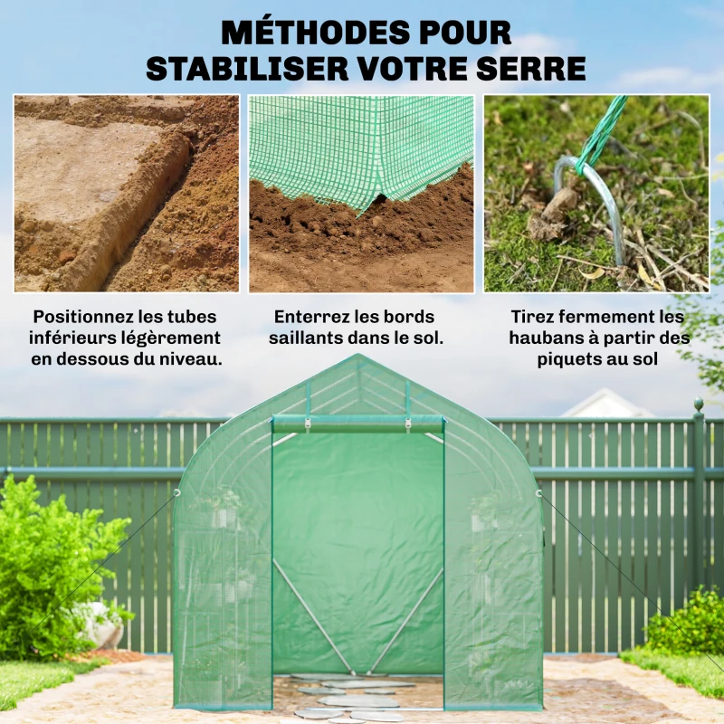 Outsunny Serre tunnel de jardin 6m², serre de jardin avec étagères, porte et 6 fenêtres, cadre en acier galvanisé, vert