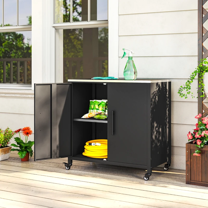 Outsunny Armoire de jardin en Métal, Armoire de Rangement Extérieur, Toit en Acier Inoxydable et Roulettes, Noir