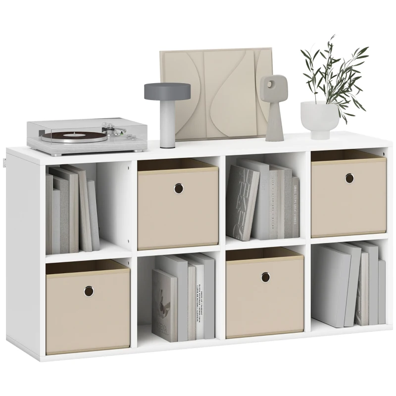 HOMCOM Estantería de 8 Cubos con 4 Cajones de Tela Horizontal o Vertical para Salón Dormitorio 105,9x30x53,7 cm Blanco y Beige