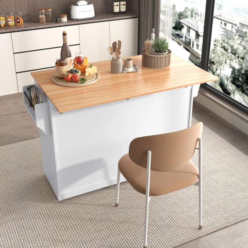 Servierwagen mit klappbarer Tischplatte, 2 Schubladen und Doppeltüren, 136 x 46/71 x 91,5 cm, Weiß+Naturfarbe