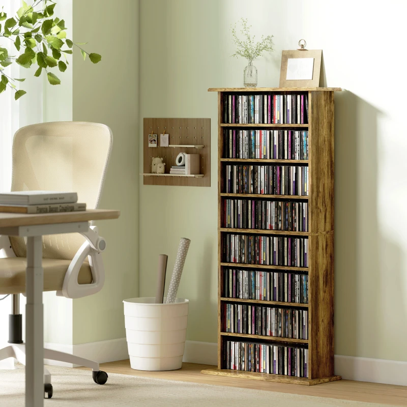 HOMCOM Depozitare pentru CD și DVD cu 8 compartimente și 6 rafturi reglabile, capacitate max. 360 CD/185 DVD și Blu-ray, maro