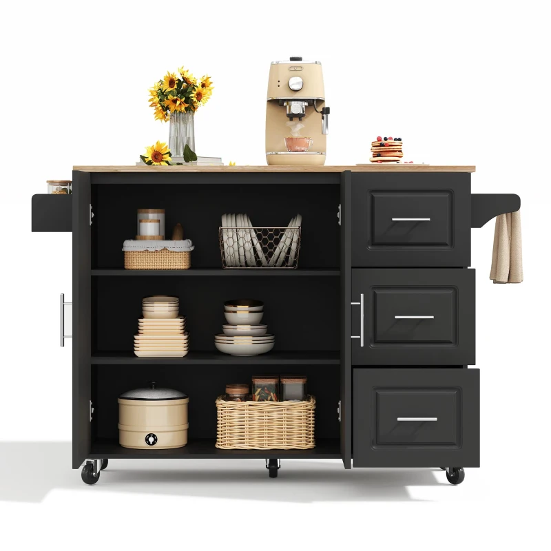 Große mobile Kücheninsel, klappbares Design, multifunktionaler Schrank mit 3 Schubladen, Handtuchhalter, 137 x 43/76 x 92 cm, Schwarz