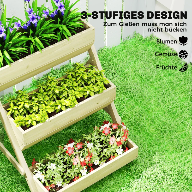 Outsunny Vertikales Hochbeet mit 3 Etagen Vertikalbeet aus Holz Blumenkasten mit 3 Pflanzkästen Ablauflöchern Grün