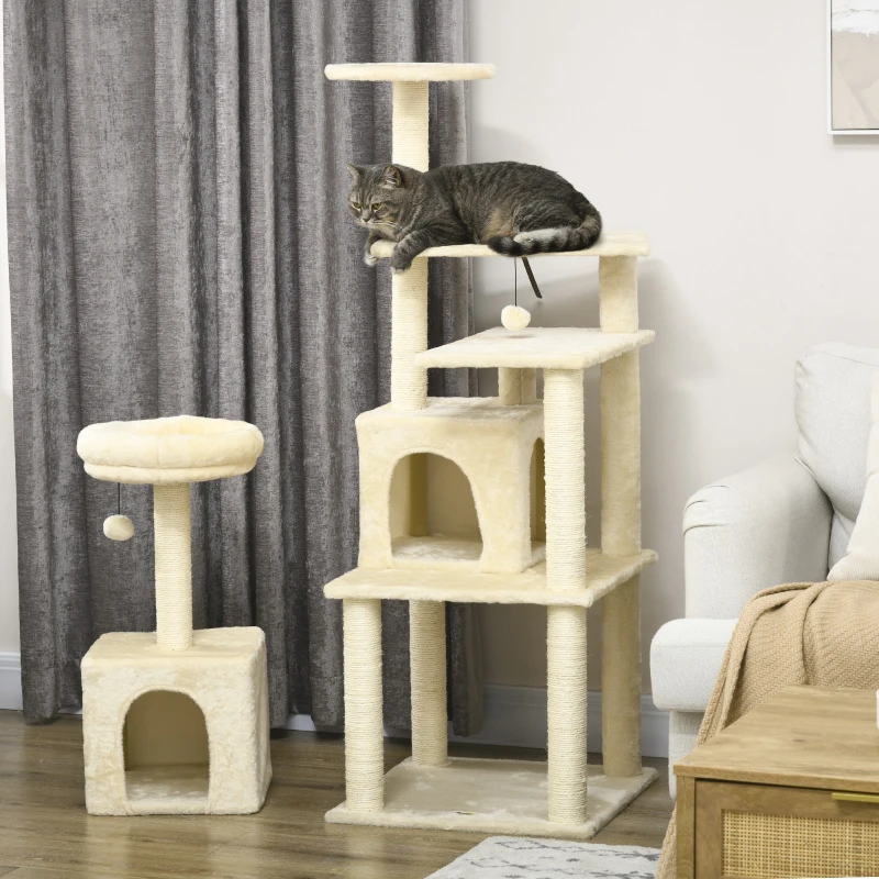 PawHut Arbre à chat arbre à grimper griffoir hauteur 171 cm avec 2 niches 6 plateformes 2 pompons suspendus beige