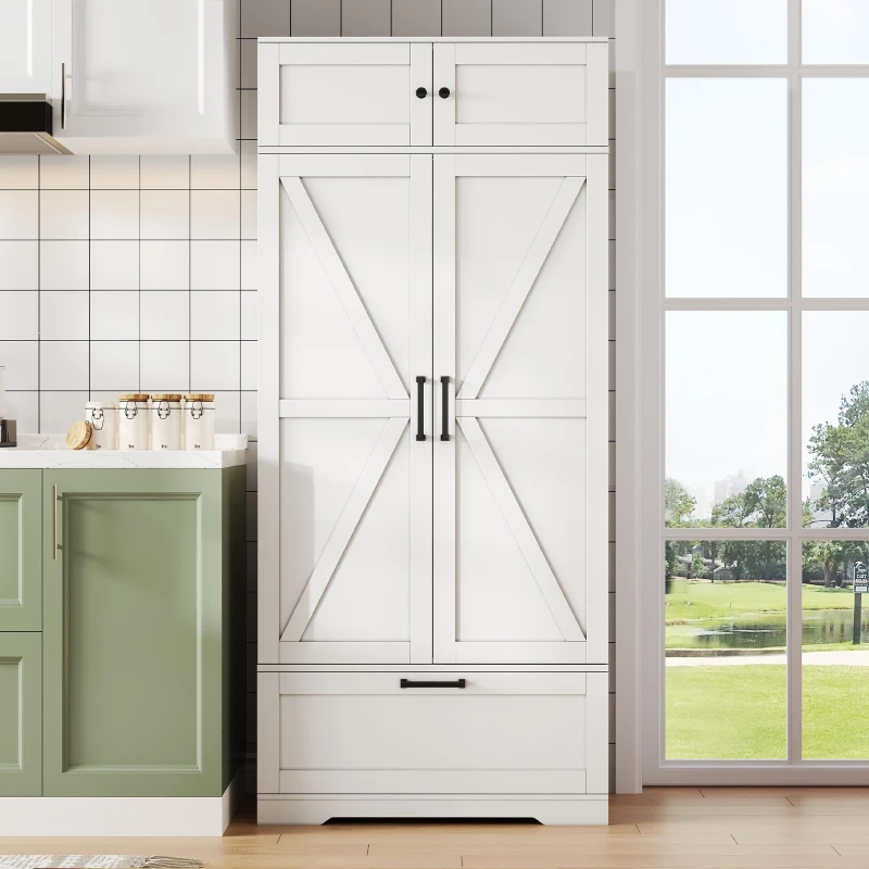 Freistehender Küchenaufbewahrungsschrank mit Weinregal, verstellbaren Einlegeböden und Flügeltüren, 80x40x180 cm, Weiß