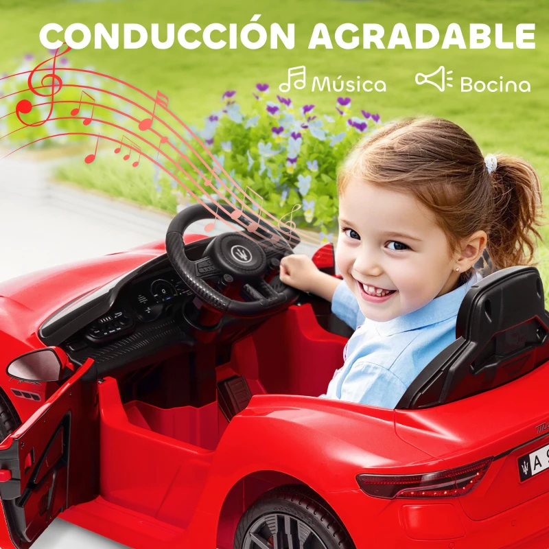AIYAPLAY Coche Eléctrico Infantil Maserati Gran Turismo Folgore con Batería 12V Mando a Distancia Faros Bocina y Música MP3 Rojo
