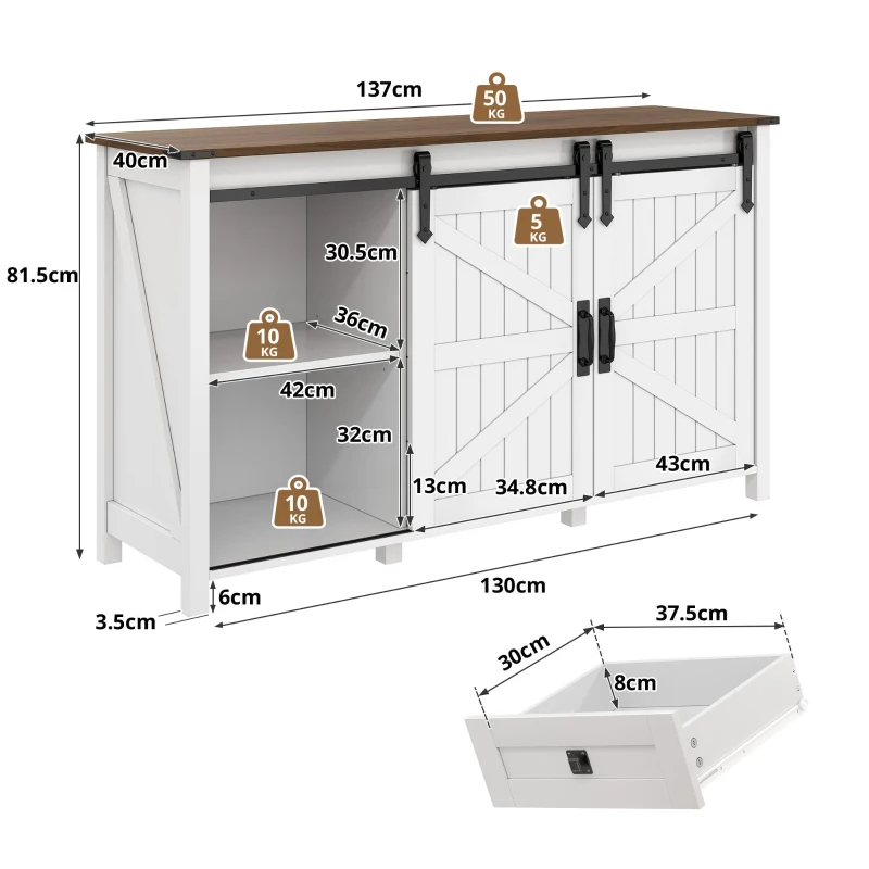 Sideboard mit Stauraum, mit Schiebetüren und 4 Schubladen, geeignet für Küche, Esszimmer und Wohnzimmer, 137 x 40 x 81,5 cm, Weiß