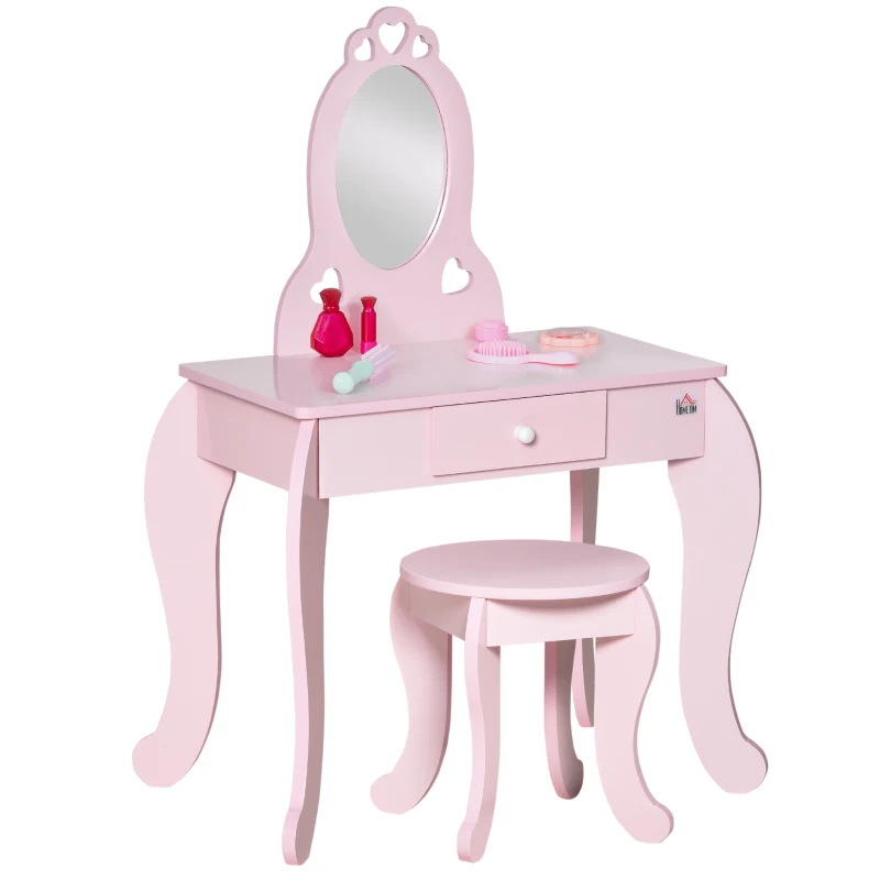 HOMCOM Tocador Infantil de Madera para 3-6 Años con Cajón Taburete a Juego y Espejo Tipo Princesa 60x36x88 cm Rosa