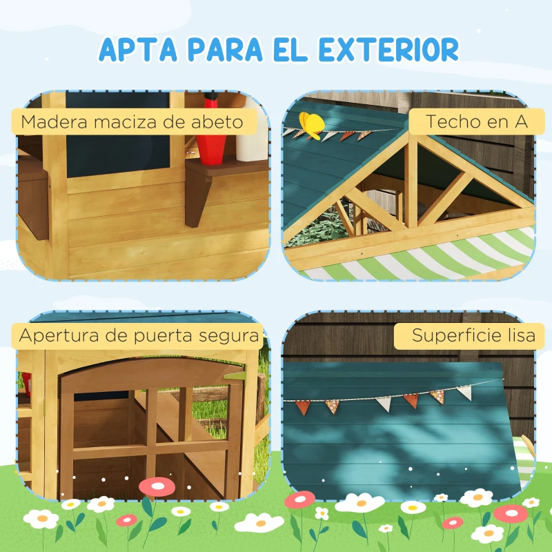 AIYAPLAY Casita de Juegos Infantil de Madera con Ventanas Pizarras Tejado y Toldo 173x117x144 cm Madera Natural
