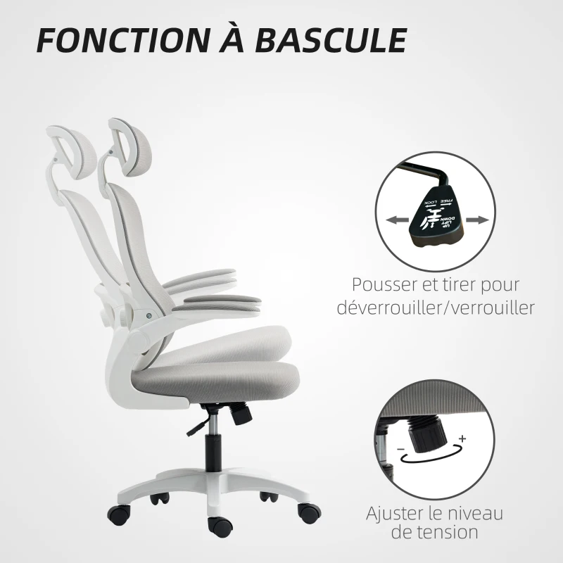 HOMCOM Chaise Bureau Ergonomique, Fauteuil de Bureau en Maille avec Accoudoirs Rabattables, Hauteur Réglable, 64x62x115cm, Gris