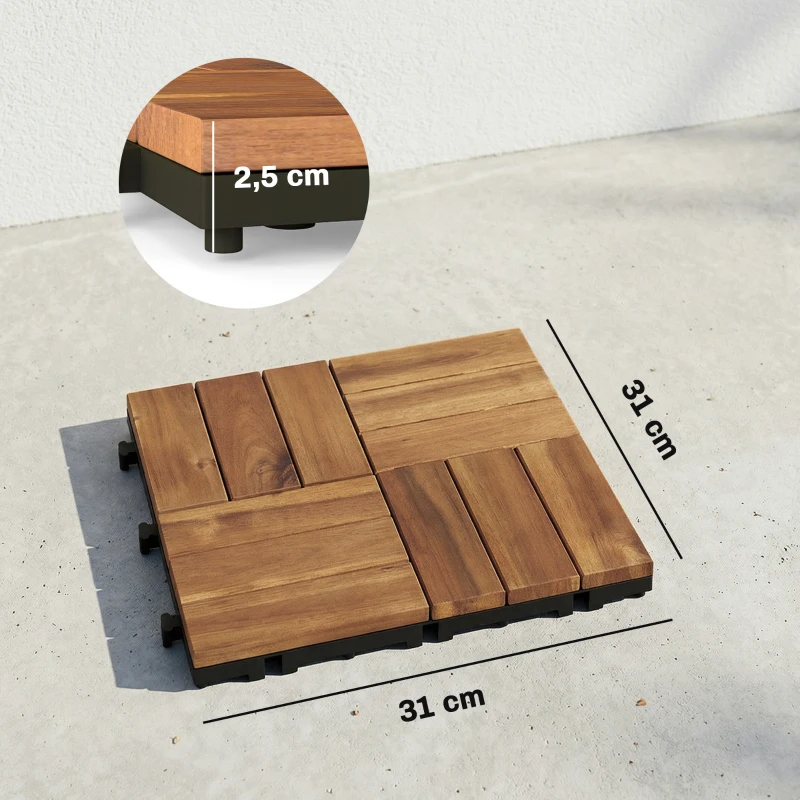 Outsunny Conjunto de 10 Estrados de Madeira de Acácia para Exterior 31x31 cm, 0,91 m² Estrado para Terraço Antiderrapantes Castanho-Escuro
