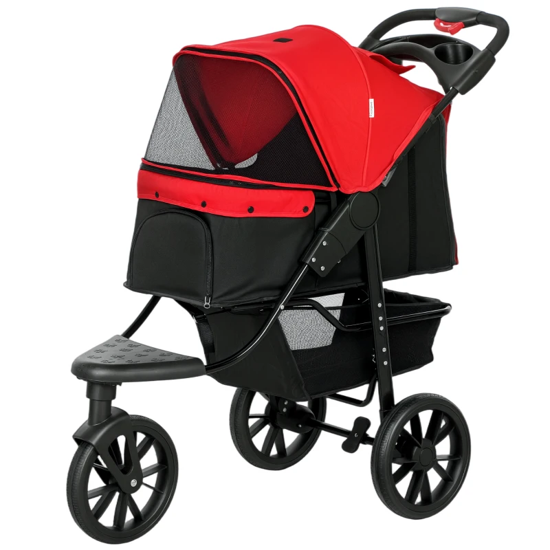 PawHut Hundewagen klappbar Hundebuggy bis 10 kg mit 3 Rädern, Netzfenstern Getränkehalter Ablagekorb 109,5x57,5x106,5 cm Rot