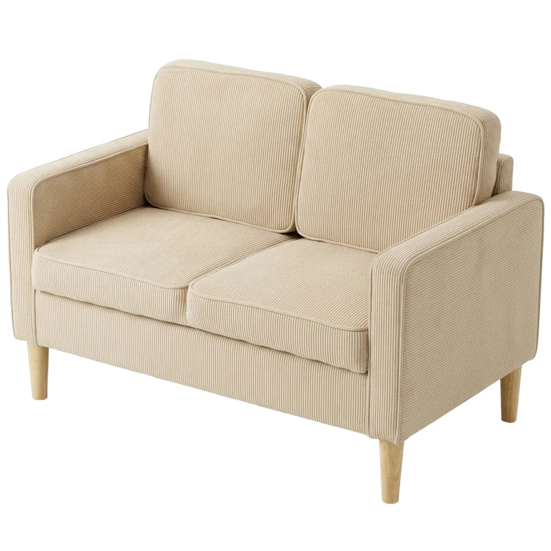 HOMCOM Sofá 2 lugares com 2 almofadas, arrumação, pés de madeira maciça, pequeno loveseat moderno em cotelê 117 x 63 x 79 cm bege