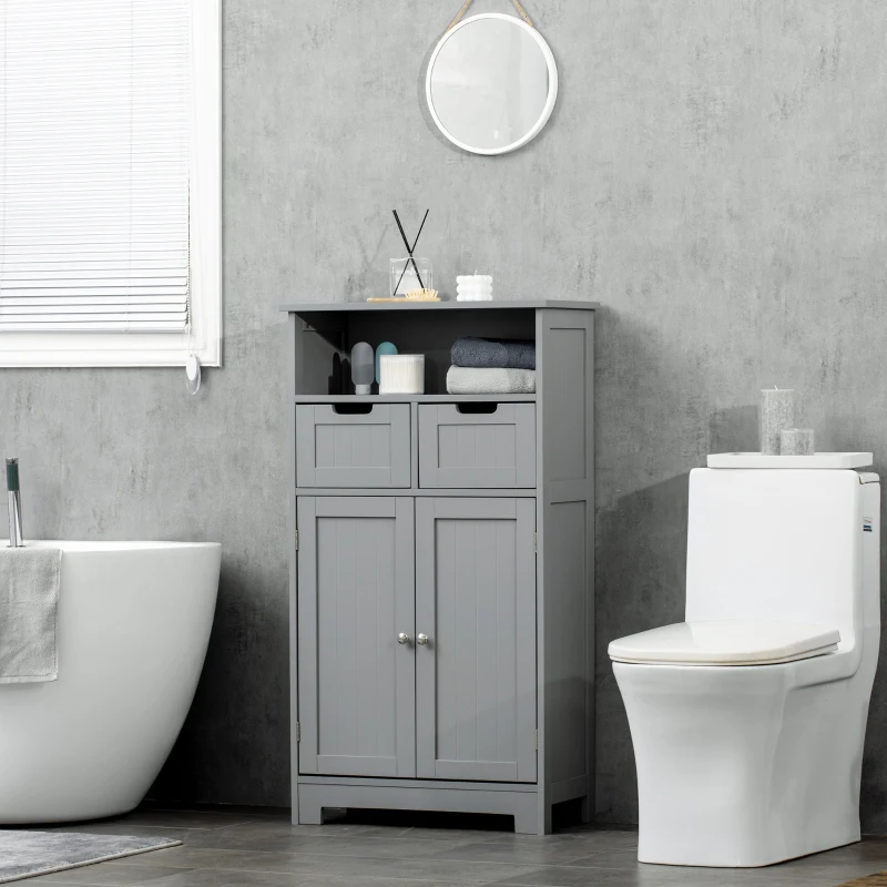 kleankin Meuble de salle de bain avec 2 tiroirs, niche, placard avec porte, étagère réglable, 60 x 30 x 109 cm, gris