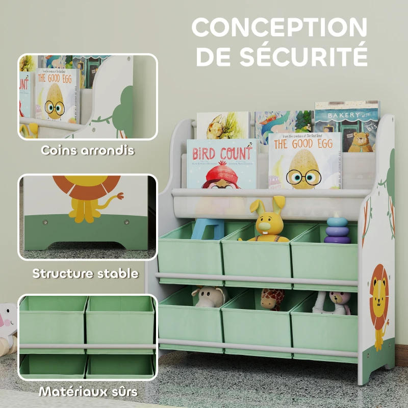 AIYAPLAY Meuble rangement enfant, rangement jouet enfant, 6 tiroirs en tissu et étagère à deux niveaux, 63x30x71cm, vert