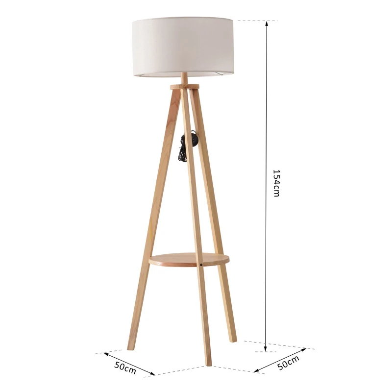 HOMCOM Tripod Floor Lamp with Shelf, Bedside Light with Storage, Linen Shade, for Living Room Bedroom, 154cm, Cream