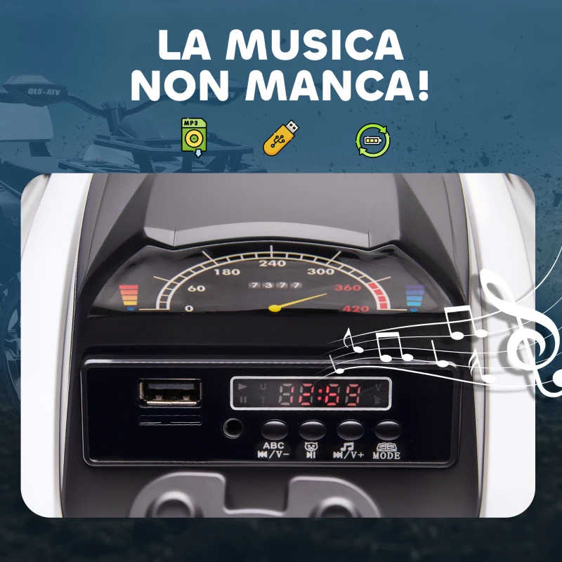 HOMCOM Quad Elettrico per Bambini 3-5 Anni a 12V con Fari e Pedale, Presa USB per Musica, Bianco