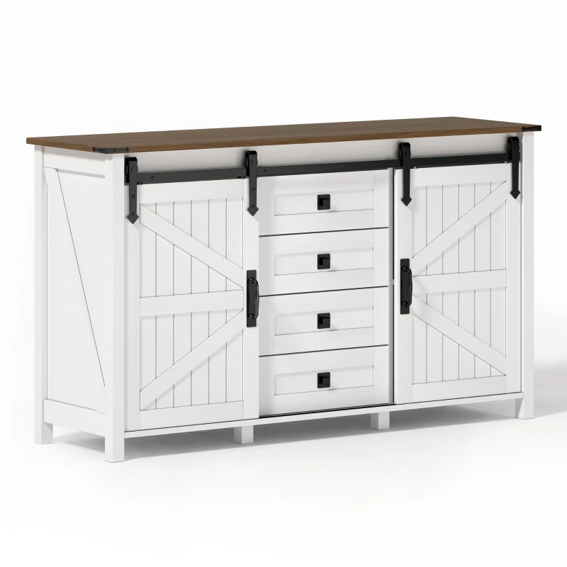 Sideboard mit Stauraum, mit Schiebetüren und 4 Schubladen, geeignet für Küche, Esszimmer und Wohnzimmer, 137 x 40 x 81,5 cm, Weiß