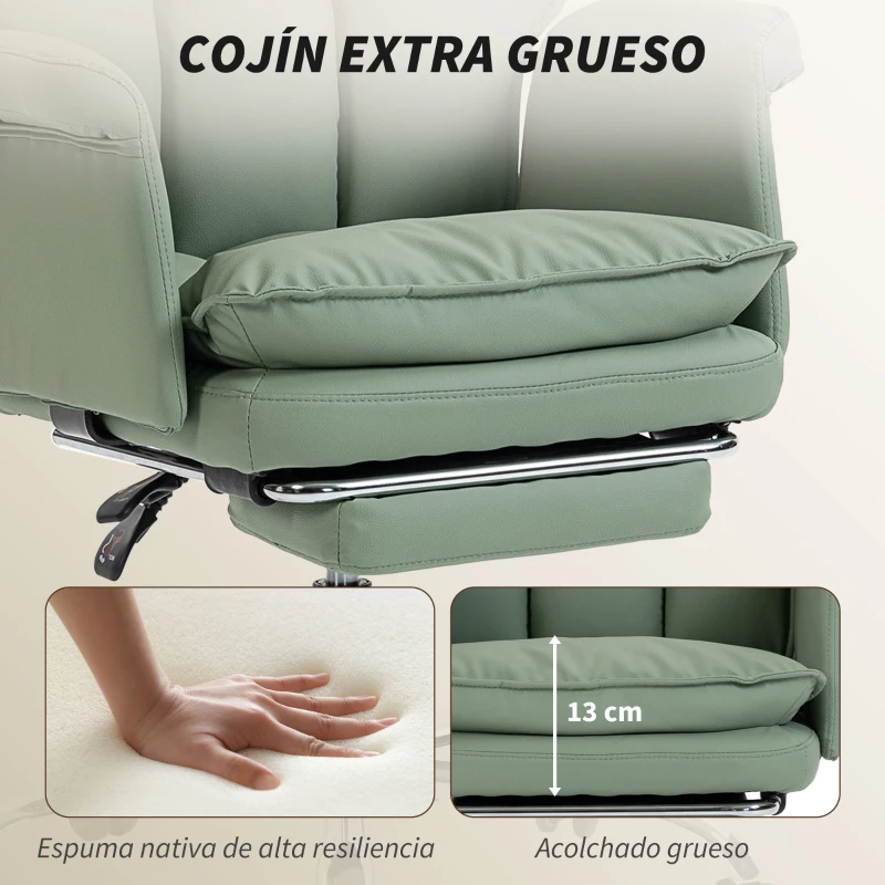 HOMCOM Silla de Escritorio con Reposapiés Respaldo Reclinable Alto Acolchado Grueso Tapizada en Cuero Sintético Ruedas Verde