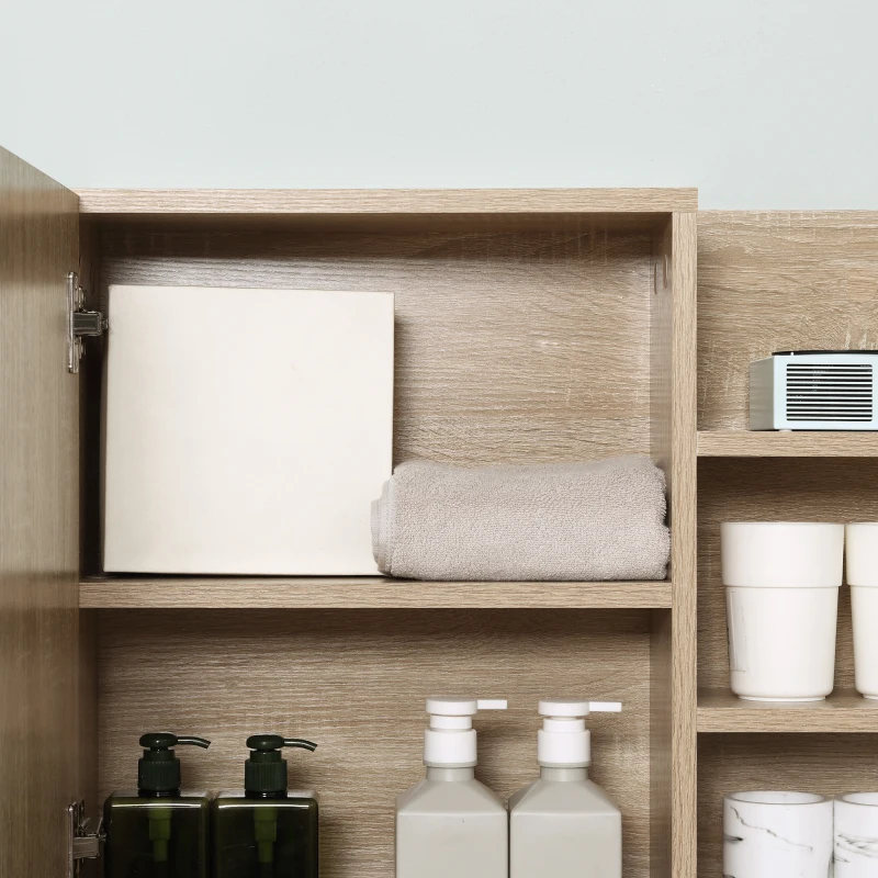kleankin Bathroom Mirror Cabinet with Shelf - 3 Side Shelves - Wall Mounting Kit Included - Particle Board Light Oak Finish