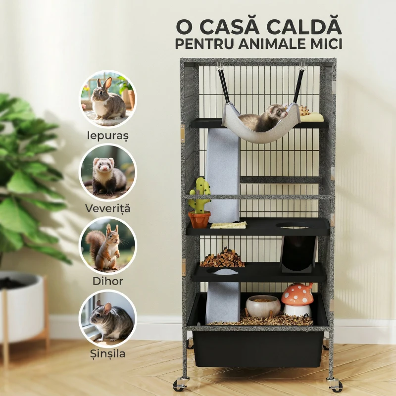 PawHut Cușcă pentru Animale Mici cu 4 Niveluri, Rampe, Platforme, Hamac și Roți, 52x52x115 cm, Gri