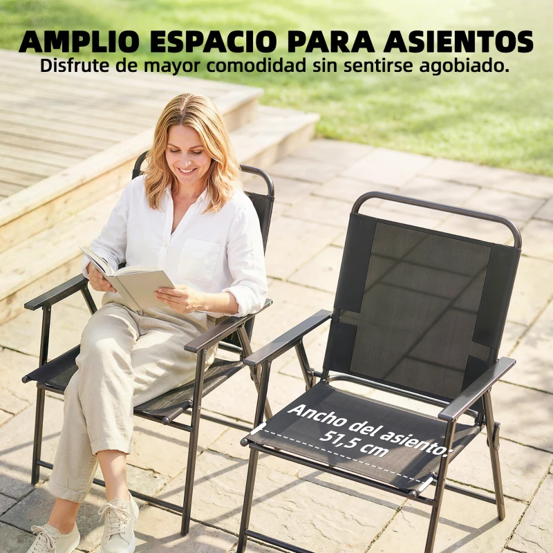 Outsunny Pack de 4 Sillas de Camping Plegables con Respaldo Alto Asiento Ancho y Reposabrazos Tela Textilene Transpirable Negro