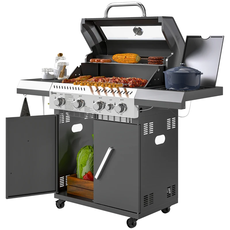 Grill gazowy 12 kW, 5 palników, boczny palnik, kółka