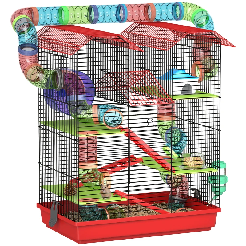 PawHut Jaula para Hámster de 5 Niveles 47x30x59 cm con Túnel Comedero Bebedero Casita Rueda de Ejercicio Escaleras Rojo