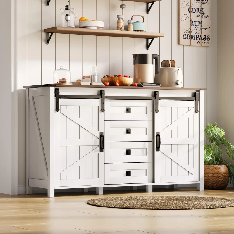 Sideboard mit Stauraum, mit Schiebetüren und 4 Schubladen, geeignet für Küche, Esszimmer und Wohnzimmer, 137 x 40 x 81,5 cm, Weiß