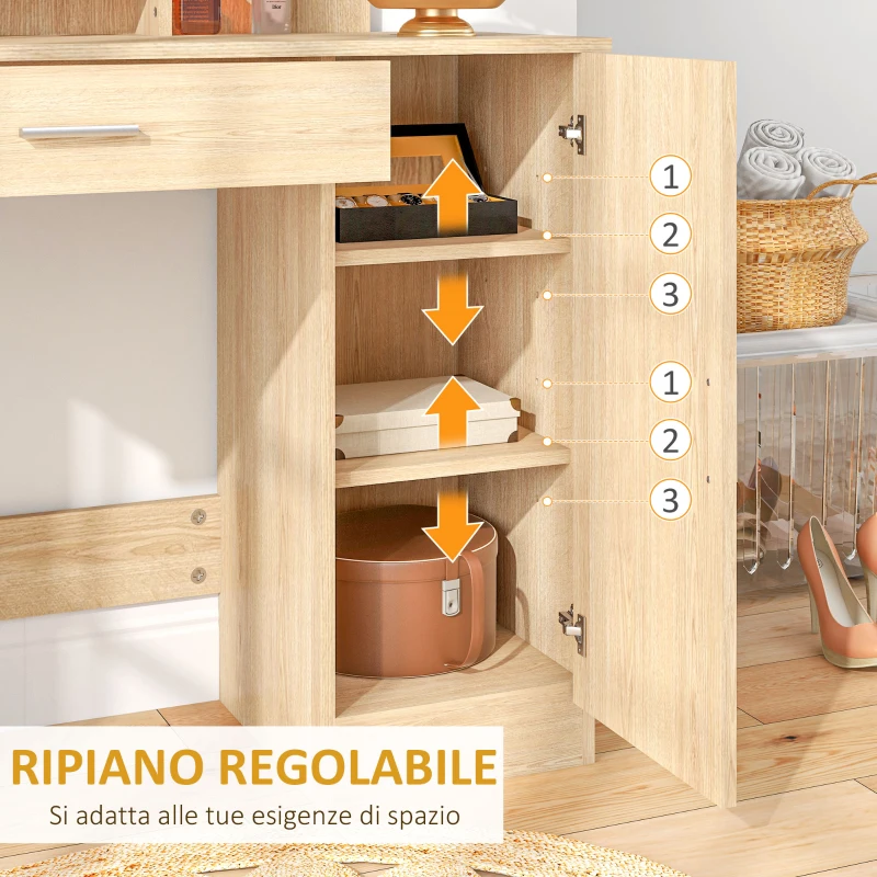 HOMCOM Toeletta da Camera con Armadietto, Cassetto, Specchio per Trucco e Ripiani Aperti, 90x38x138 cm, Acero