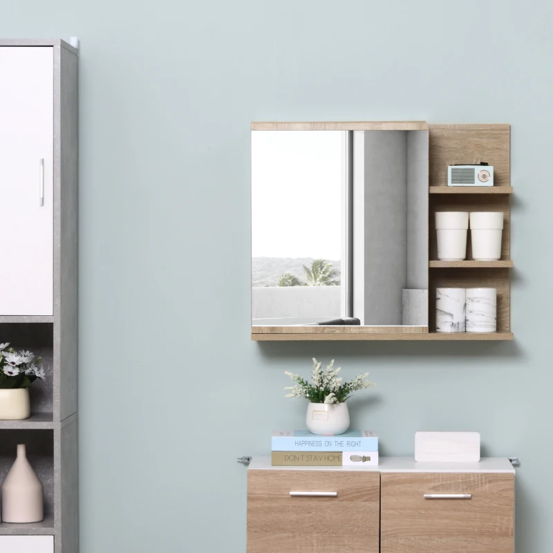 kleankin Bathroom Mirror Cabinet with Shelf - 3 Side Shelves - Wall Mounting Kit Included - Particle Board Light Oak Finish