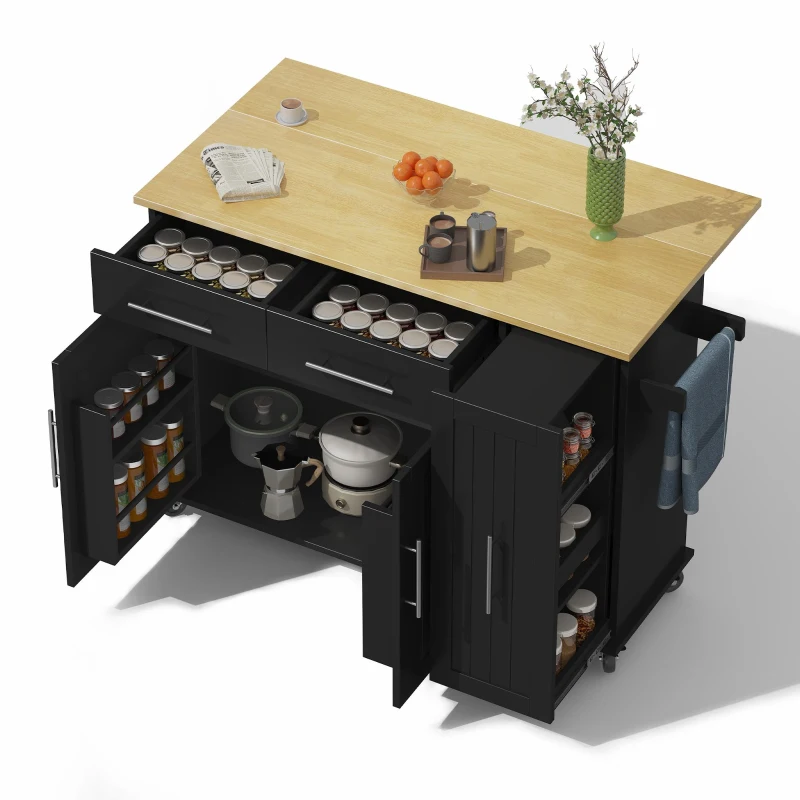 Mobile Kücheninsel mit ausklappbarer Arbeitsplatte, 3-stufigem ausziehbarem Schrank-Organizer, 120x40/65x90 cm, Schwarz+Naturfarbe