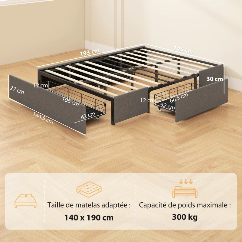 HOMCOM Lit coffre 140 x 190 cm, cadre de lit double rembourré avec 3 tiroirs, sommier à lattes en LVL, sans bruit, gris