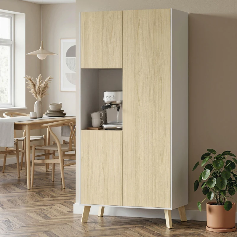 HOMCOM Armário de cozinha 170 cm, Armário moderno com nicho aberto, prateleiras ajustáveis, acabamento em madeira natural