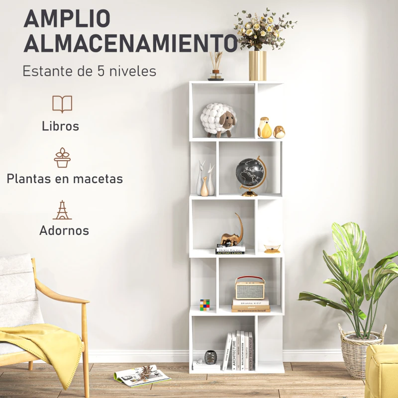 HOMCOM Estantería Librería de 5 Niveles en Forma de S con 10 Estantes para Dormitorio Estudio Oficina 60x24x184,5 cm Blanco