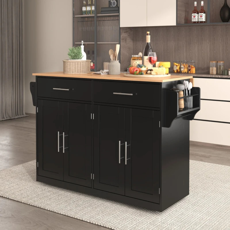 Servierwagen mit klappbarer Tischplatte, 2 Schubladen und Doppeltüren, 136 x 46/71 x 91,5 cm, Schwarz+Naturfarbe