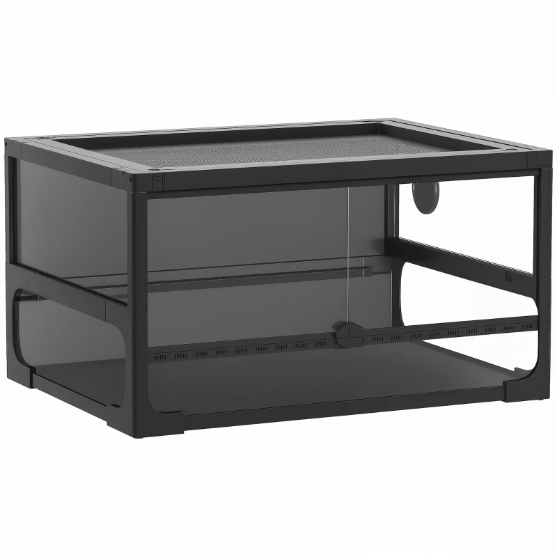 PawHut Rettilario Rialzato e Pieghevole con Coperchio e Pareti in Vetro Temperato e Plastica, 60x45x32 cm, Nero