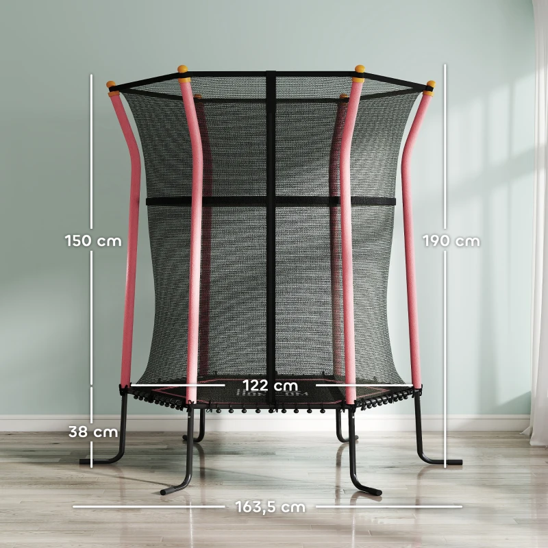 HOMCOM Cama Elástica Infantil Trampolín para Niños +3 Años con Red de Seguridad Ø163,5x190 cm Rosa