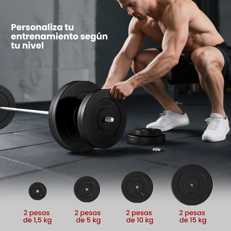 HOMCOM Barra de Pesas Ajustables 70 kg con 8 Discos 1,5kg 5kg 10kg 15kg y 1 Barra en Hogar Gimnasio 170x40,5x40,5 cm Negro