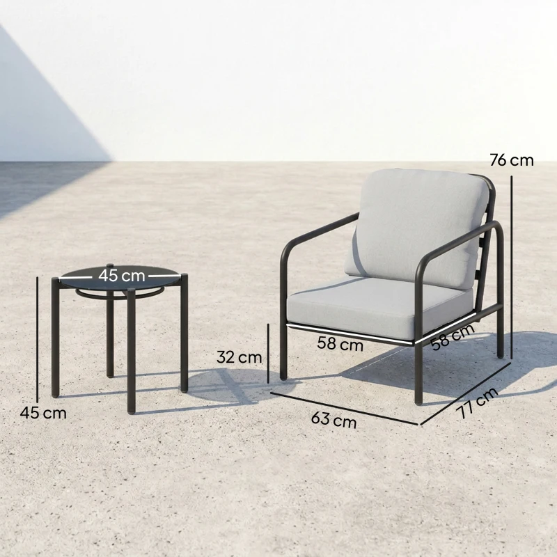 Outsunny Set bistro 3 pièces en acier avec 2 chaises à coussins épais, table basse avec plateau en verre trempé Noir