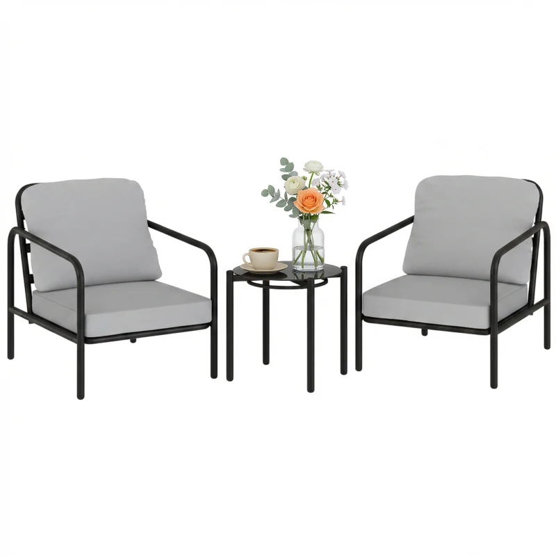 Outsunny Set bistro 3 pièces en acier avec 2 chaises à coussins épais, table basse avec plateau en verre trempé Noir