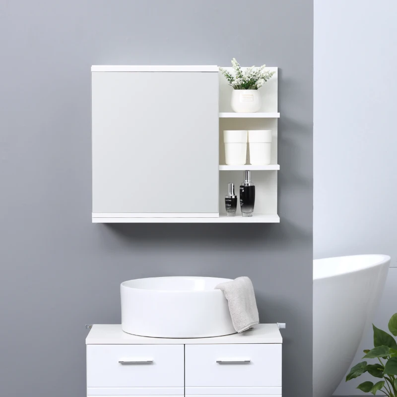 kleankin Bathroom Mirror Cabinet with Shelf 3 Side Shelves Wall Mount Kit Included White Wood Effect