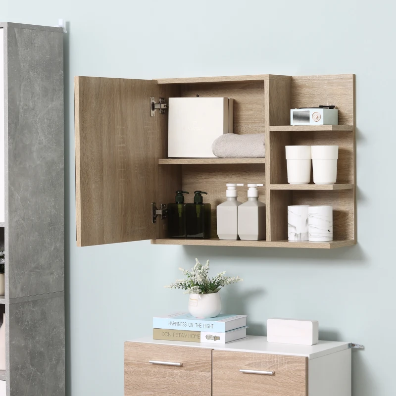 kleankin Bathroom Mirror Cabinet with Shelf - 3 Side Shelves - Wall Mounting Kit Included - Particle Board Light Oak Finish