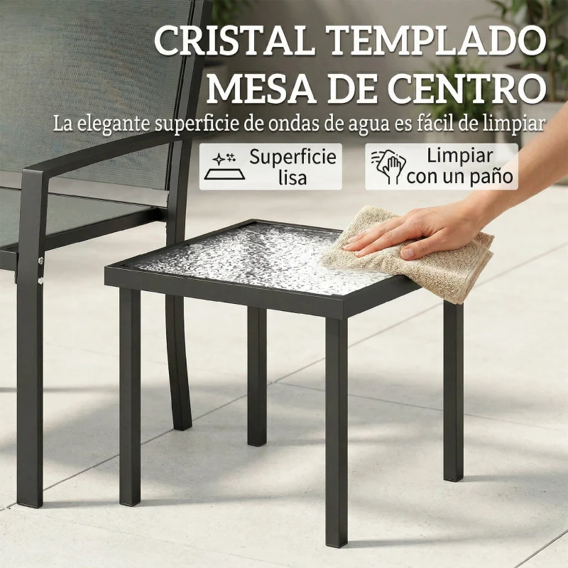 Outsunny Conjunto de Mesa y Sillas de Terraza Exterior 3 Piezas con 2 Sillas de Textilene Mesa de Vidrio Templado Gris Claro