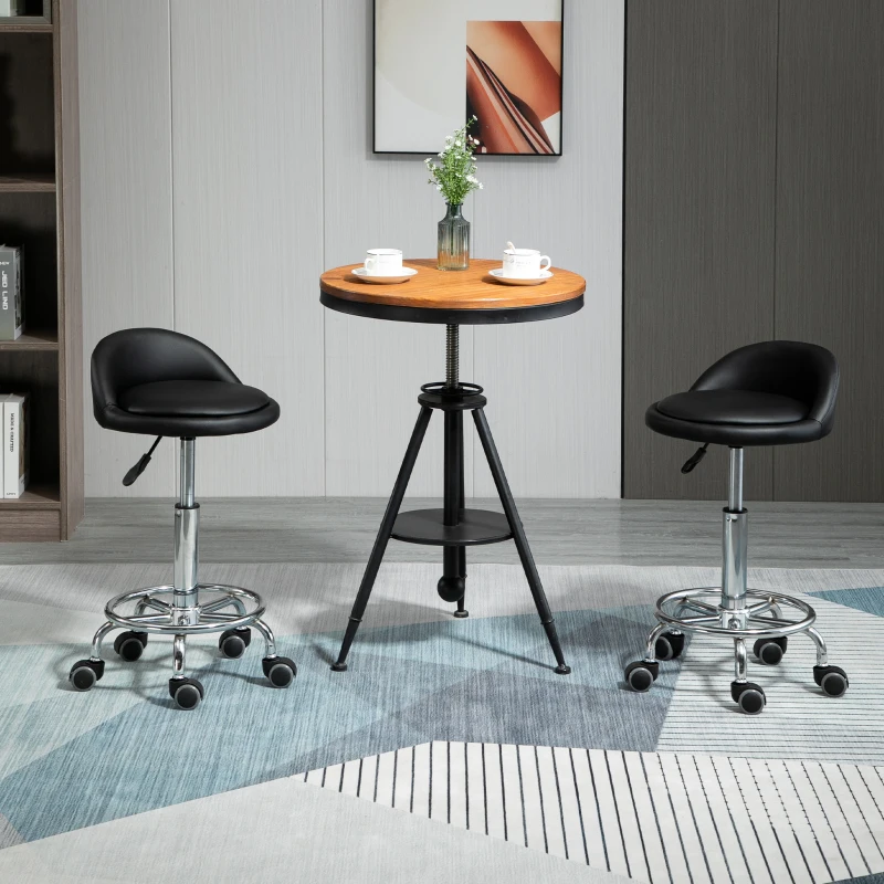 HOMCOM Set of 2 360° swivel rolling stools, seat adjustable 47-62H cm, chrome steel black synthetic upholstery