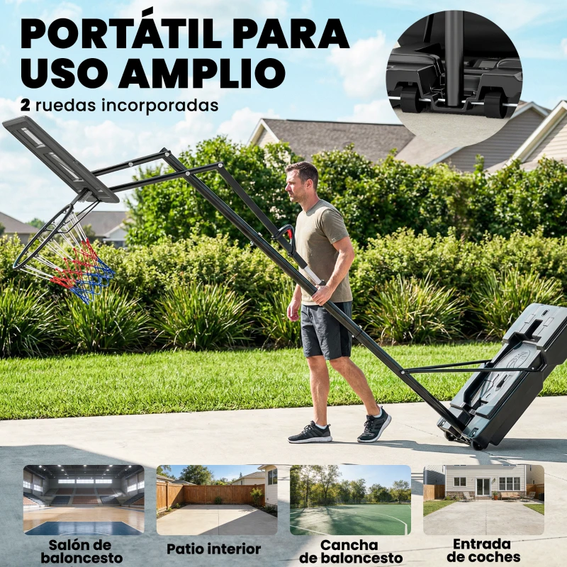 SPORTNOW Canasta de Baloncesto Exterior con Ruedas Altura Ajustable 235-305 cm Base Rellenable y Bolsa de Peso Negro