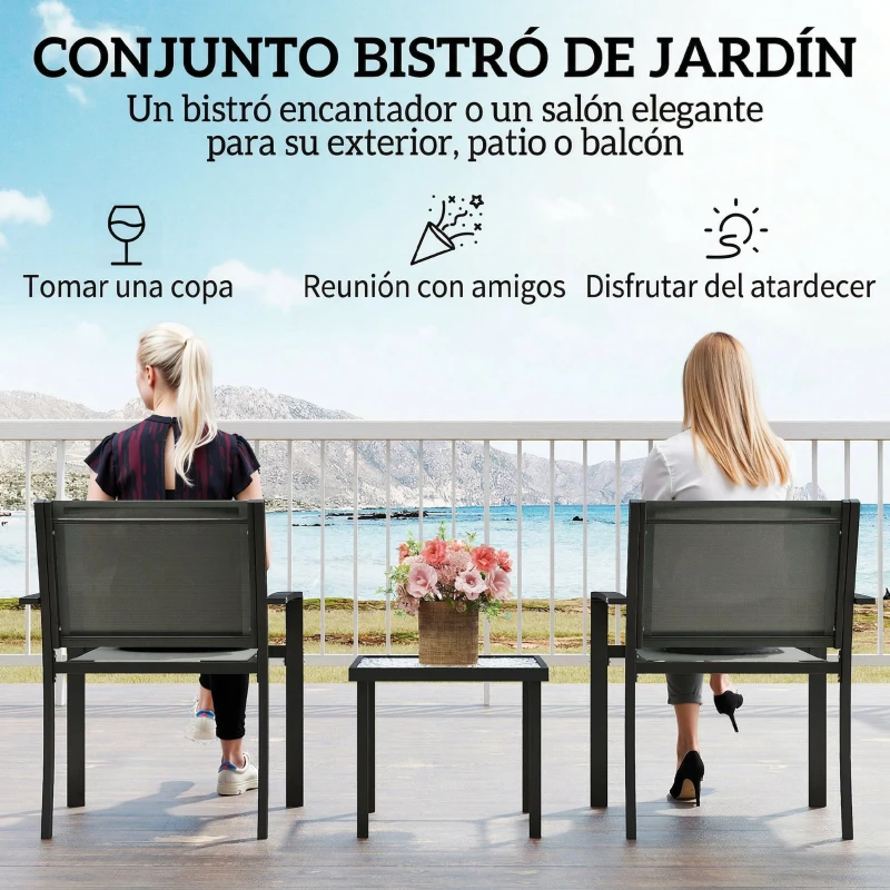 Outsunny Conjunto de Mesa y Sillas de Terraza Exterior 3 Piezas con 2 Sillas de Textilene Mesa de Vidrio Templado Gris Claro